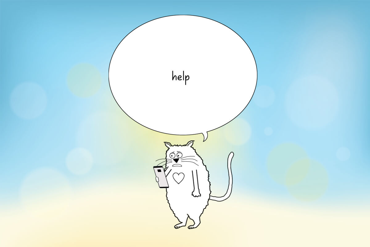 a cartoon cat looking sad and asking for help