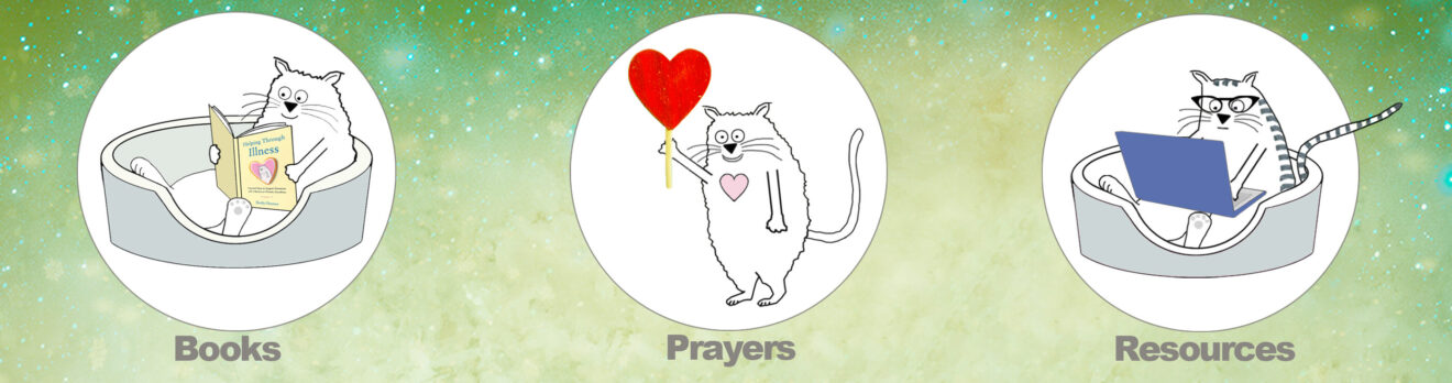 Cat cartoons showing books, prayers and resources