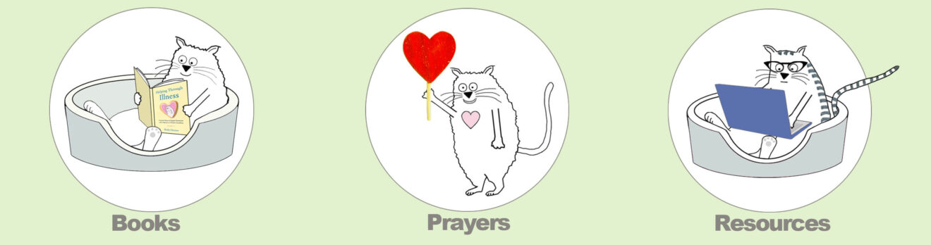 cartoon cats representing books, prayers, and resources