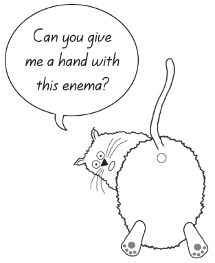 a cartoon cat's rear end and it's asking, can you help me with an enema