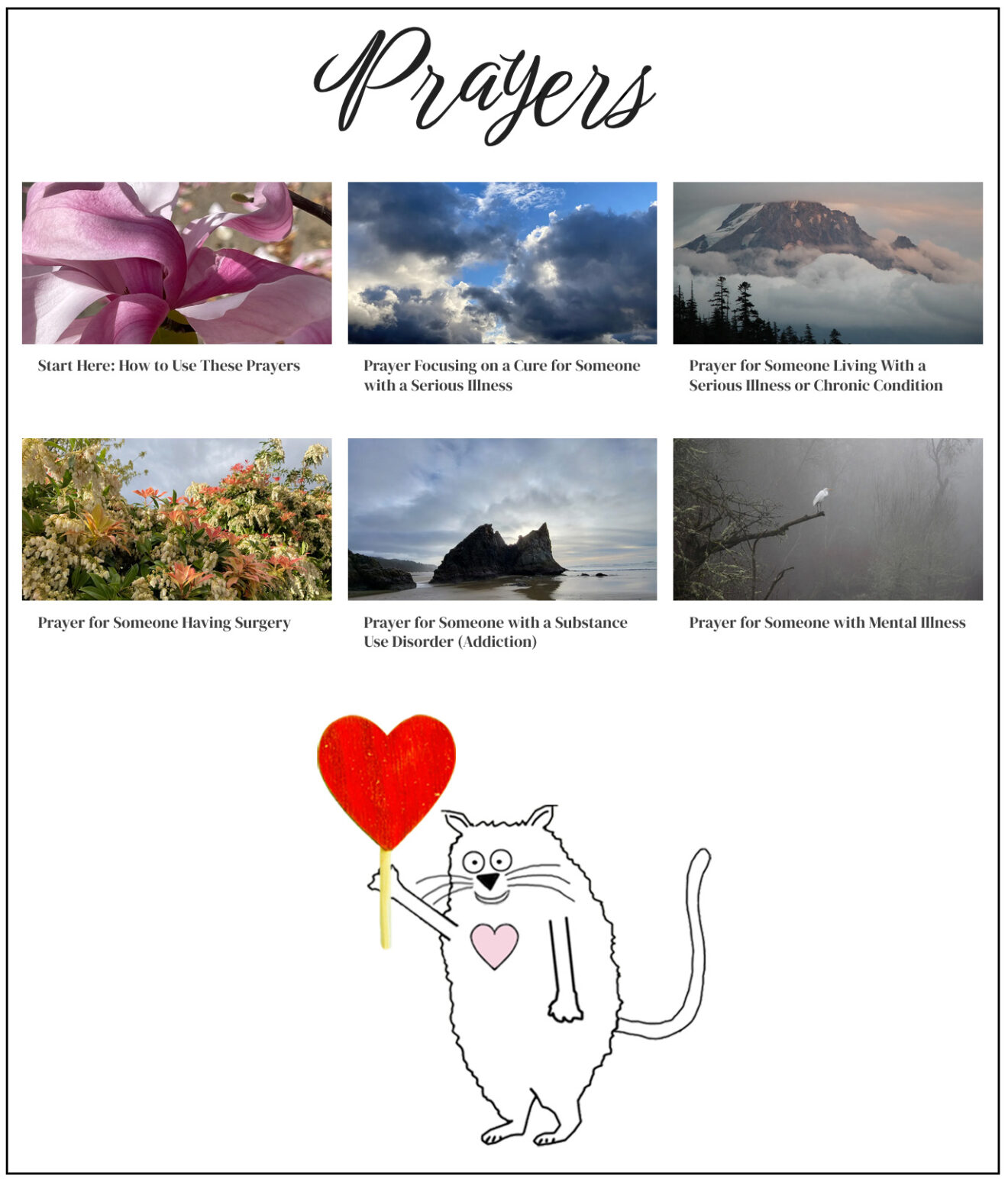 Screenshot of the Prayers on the website with a cartoon cat underneath holding a heart