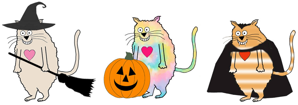 3 cartoon cats dressed up in Halloween costumes