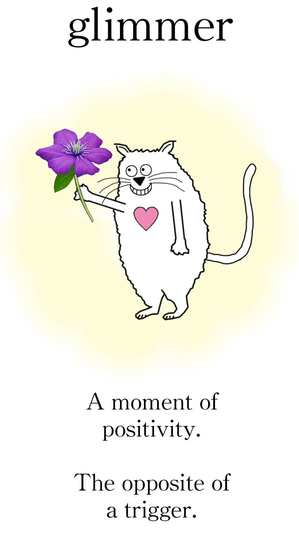 A cartoon cat admiring a beautiful flower, showing that a glimmer is a moment of positivity