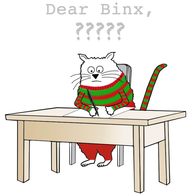 cartoon cat trying to write a holiday card but not sure what to say
