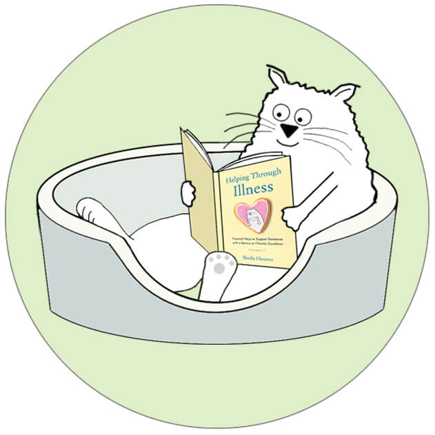cartoon cat sitting in a cat bed reading a book
