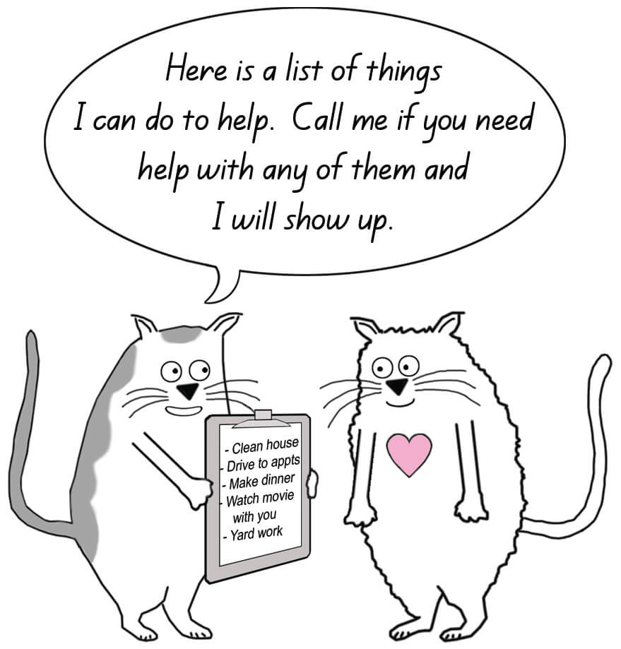 A cartoon cat handing a list to their cat friend telling them to call if they need help with anything on the list