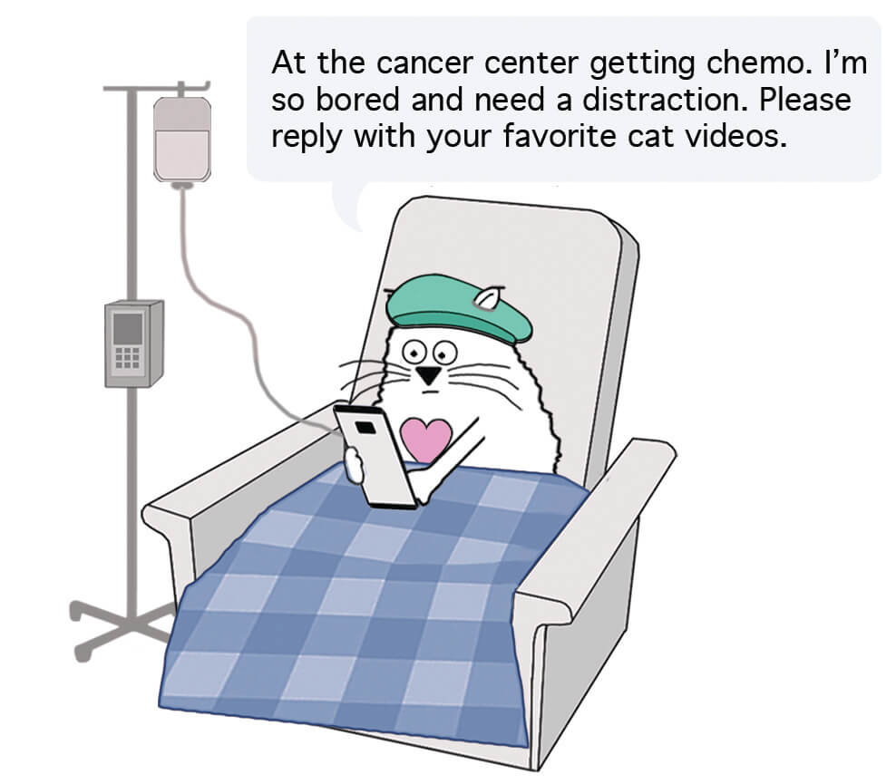 A cartoon cat sitting in a recliner getting chemo and asking friends to send their favorite cat videos